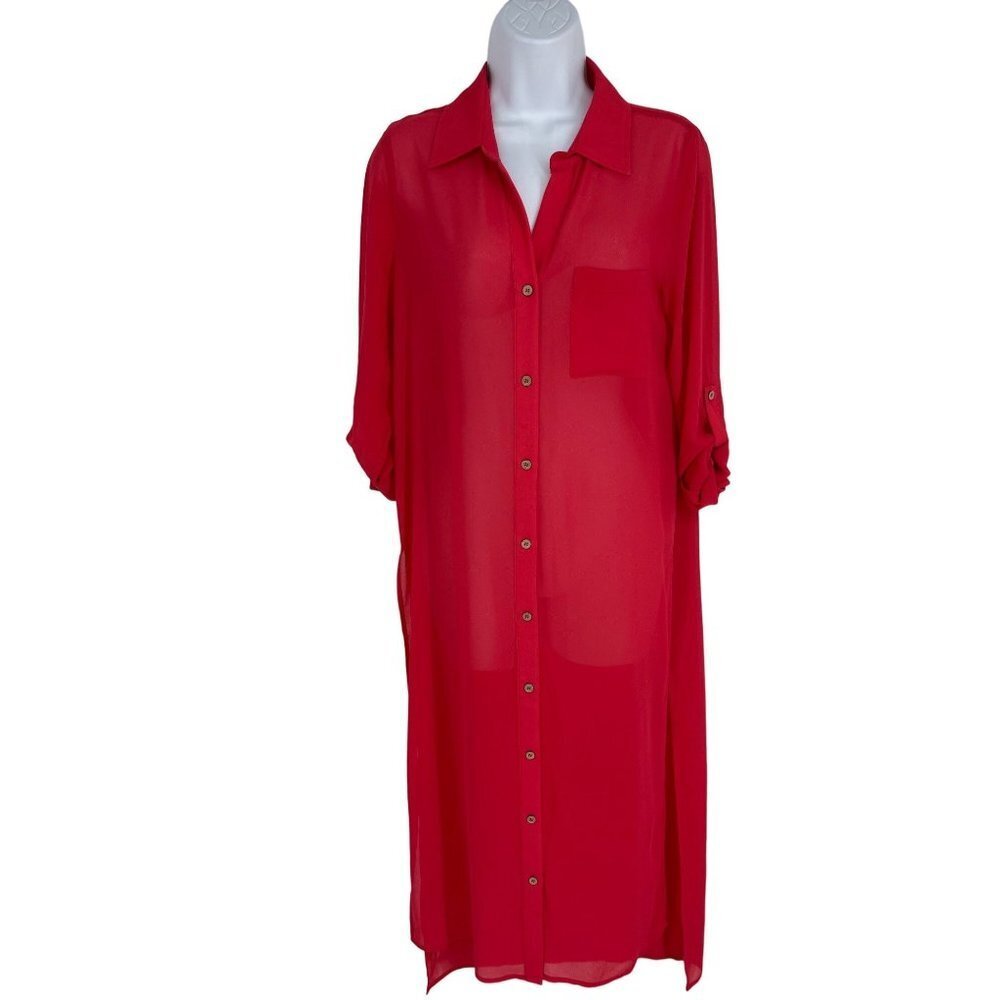 Soft Surroundings Roll Tab Sleeve Sheer Duster Cardigan with High Slit Size PXS